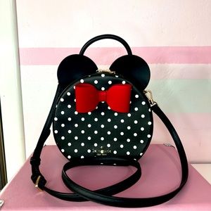 KATE SPADE DISNEY X MINNIE MOUSE ROUND CANTEEN PURSE BLACK & WHITE POLKA DOT